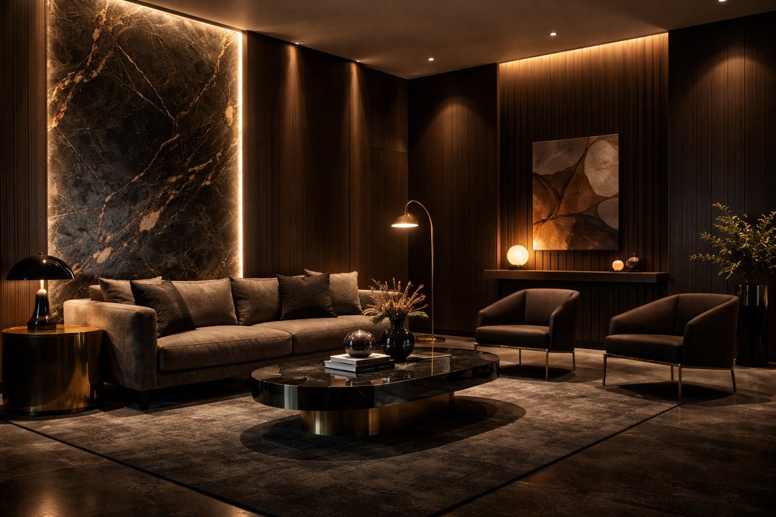 Luxury interior with stone wall and wood paneling